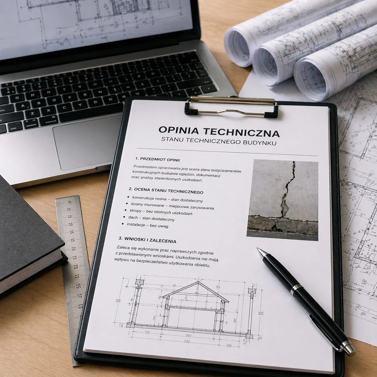 Ilustracja dokumentu opinii technicznej na biurku