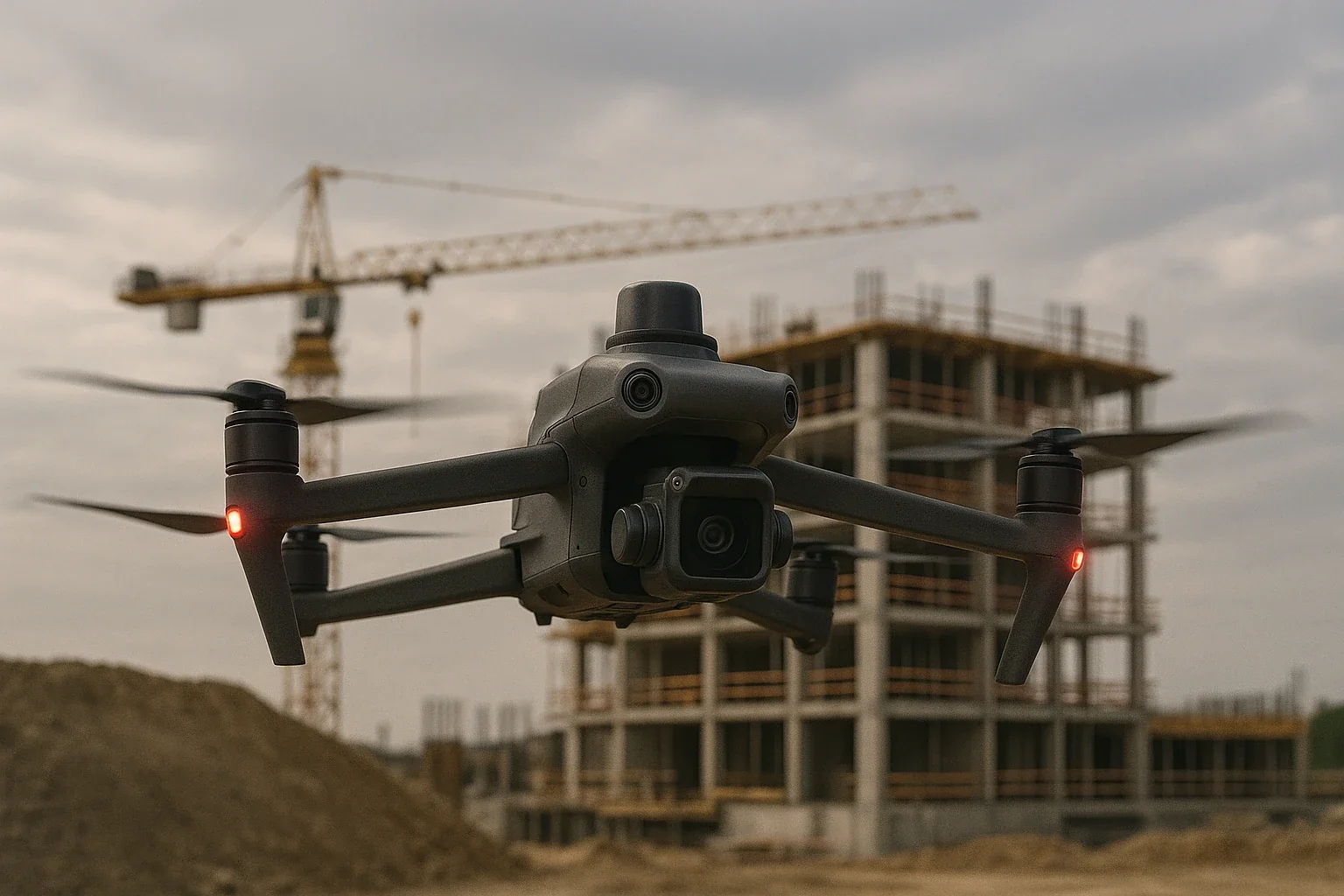 Dron na tle budowy — ilustracja usług pomiarowych