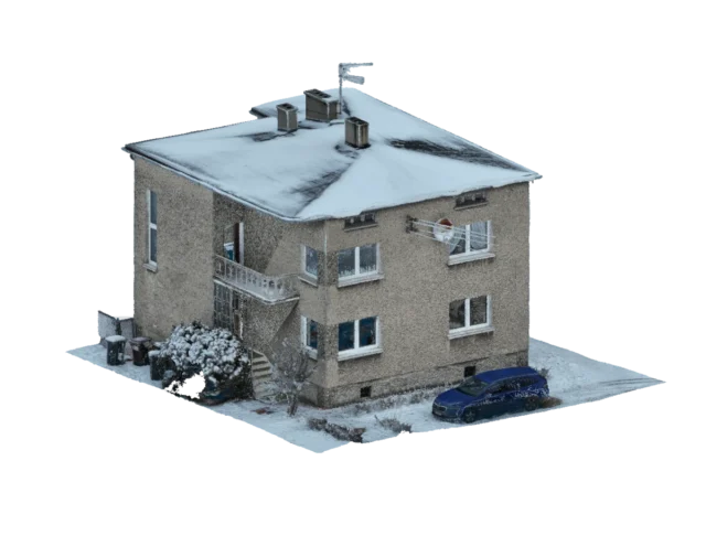 Chmura punktów domu jednorodzinnego — widok elewacji i otoczenia